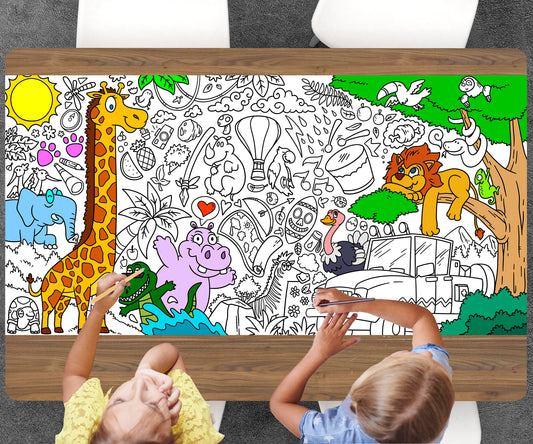 Safari Coloring Sheet, Jumbo Coloring Book Page, Animal Theme Giant Coloring Poster