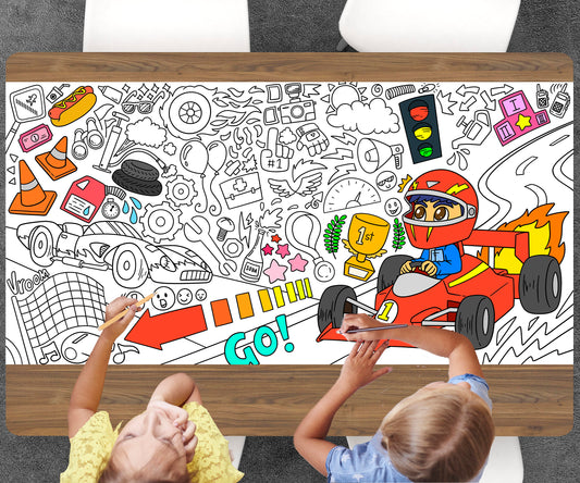 Racecar Coloring Sheet, Jumbo Coloring Book Page, Animal Theme Giant Coloring Poster
