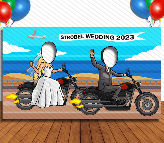 Motorcycle Wedding Theme Face Cutout, 42x72" Photo Stand-in, Party Selfie Photo Prop
