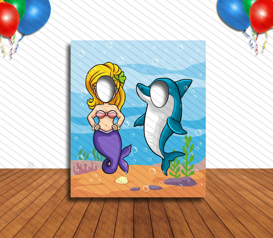 Mermaid and Shark Theme Face Cutout, 36x42" Photo Stand-in, Party Selfie Photo Prop
