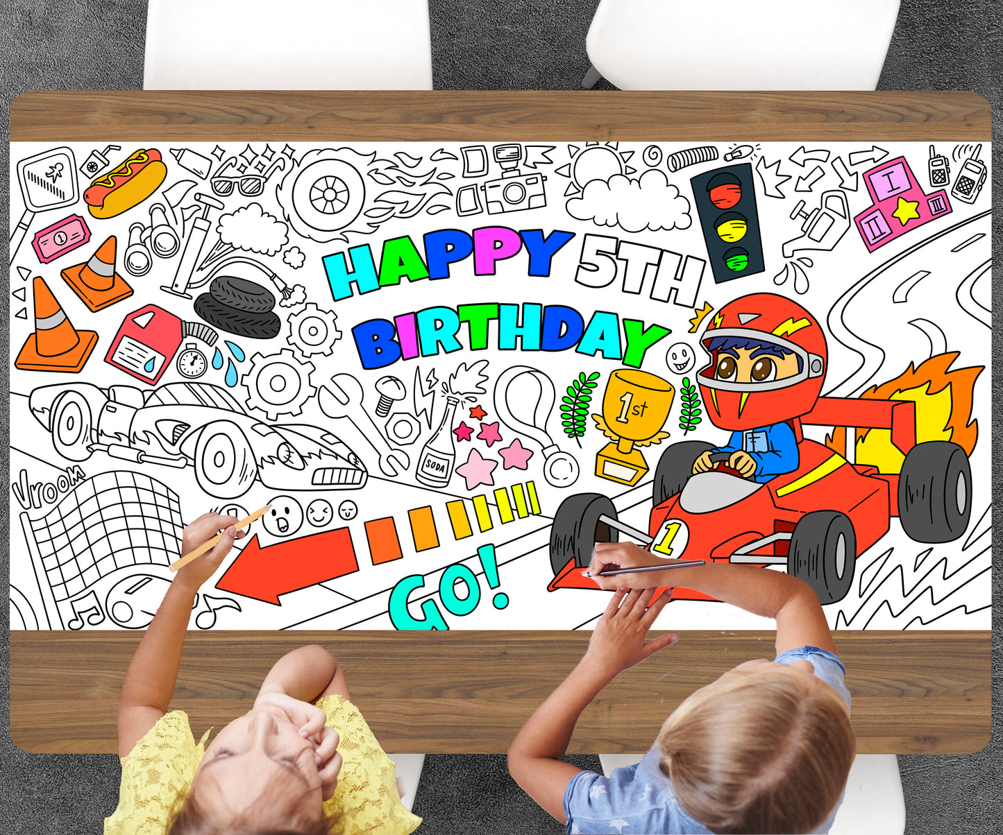 Race Car Theme Coloring Page, Personalized, Customized Birthday Coloring Sheet, Jumbo Coloring Book Pages