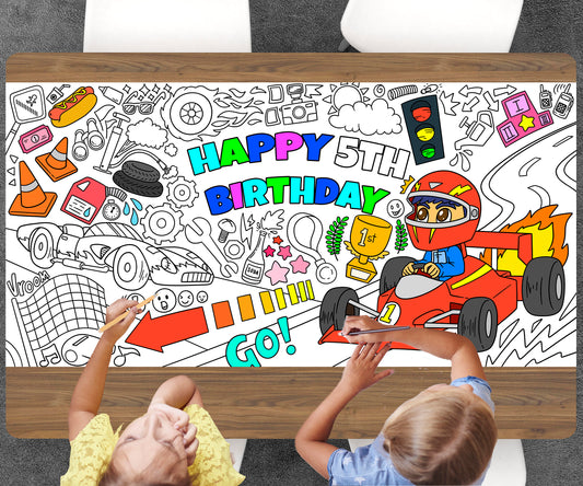 Race Car Theme Coloring Page, Personalized, Customized Birthday Coloring Sheet, Jumbo Coloring Book Pages