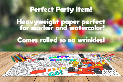 Race Car Theme Coloring Page, Personalized, Customized Birthday Coloring Sheet, Jumbo Coloring Book Pages