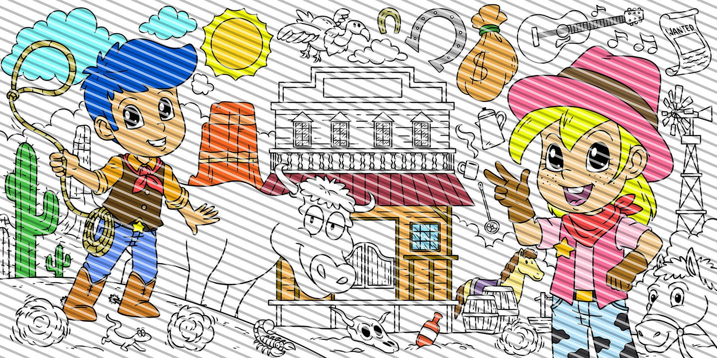 Wild West Theme Coloring Sheet, Jumbo Coloring Book Page, Holiday Theme Giant Coloring Poster