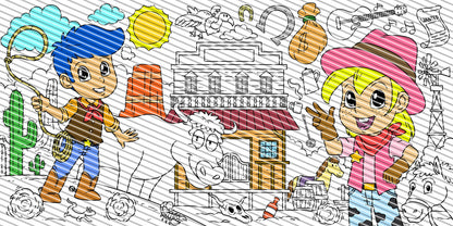 Wild West Theme Coloring Sheet, Jumbo Coloring Book Page, Holiday Theme Giant Coloring Poster