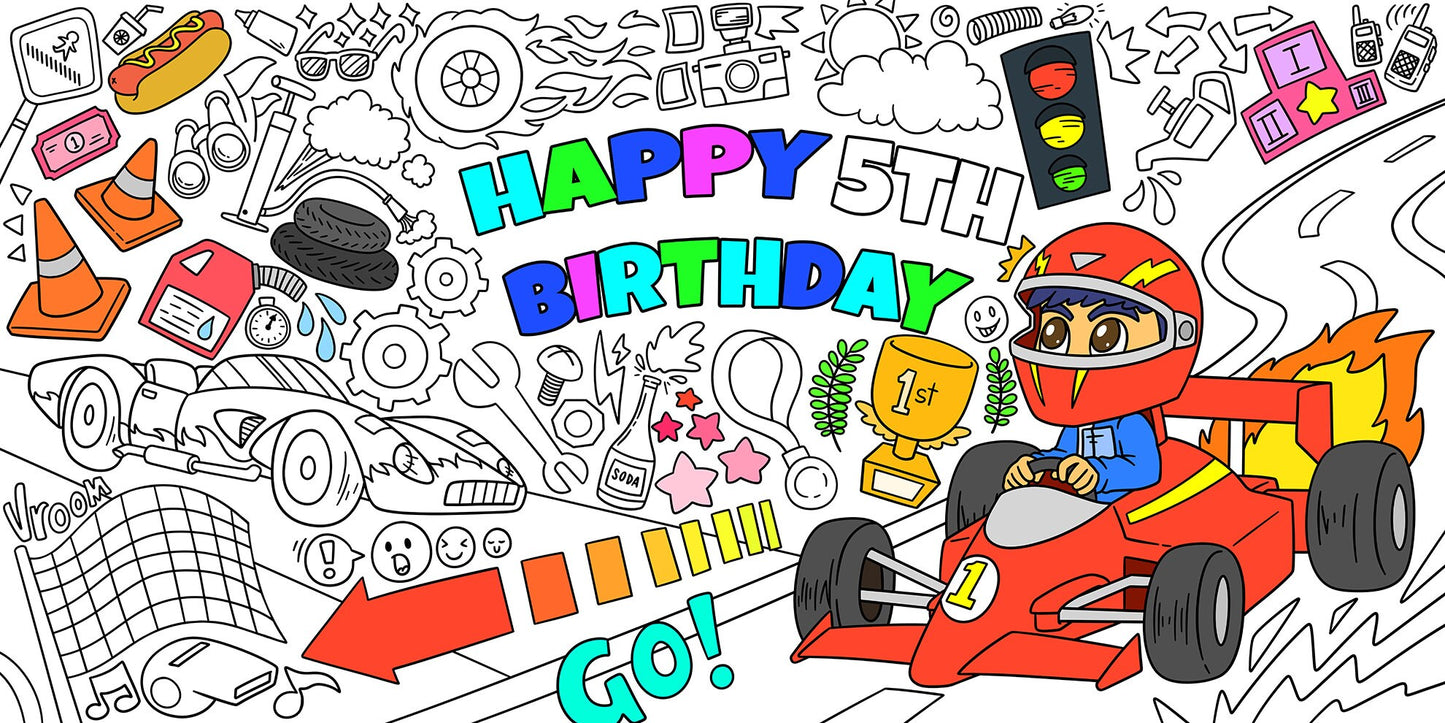 Race Car Theme Coloring Page, Personalized, Customized Birthday Coloring Sheet, Jumbo Coloring Book Pages