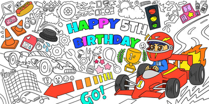 Race Car Theme Coloring Page, Personalized, Customized Birthday Coloring Sheet, Jumbo Coloring Book Pages