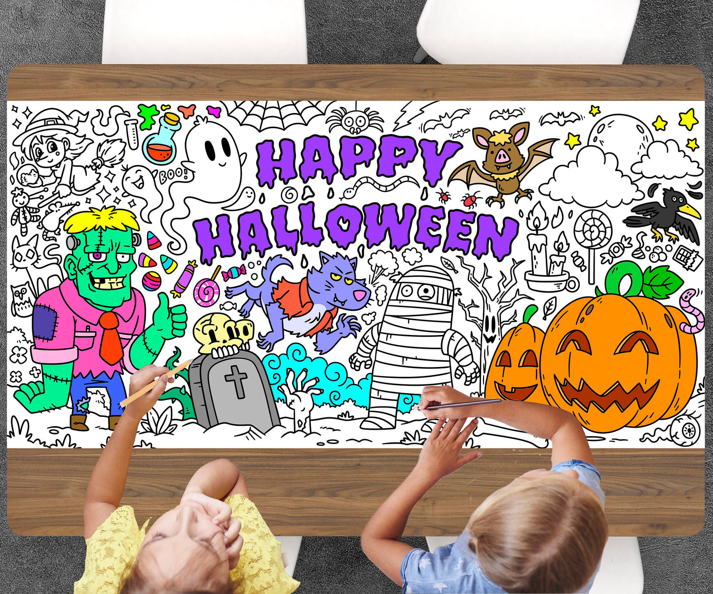 Halloween Theme Coloring Sheet, Jumbo Coloring Book Page, Holiday Theme Giant Coloring Poster