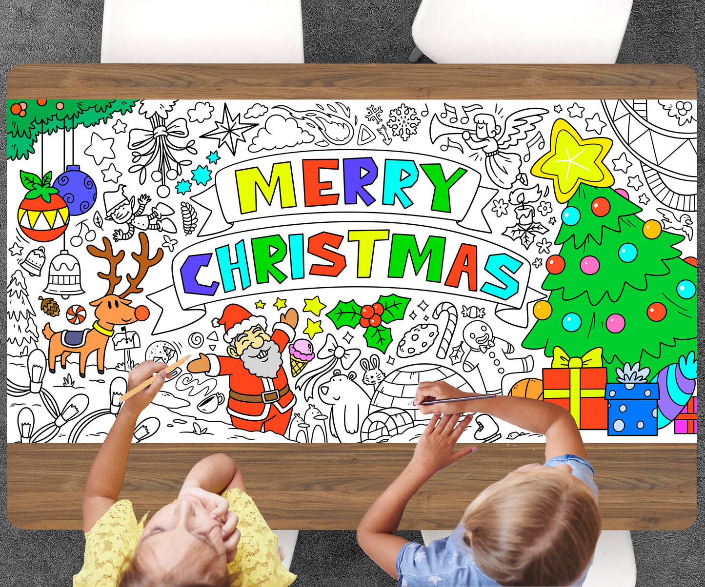Merry Christmas Coloring Sheet, Jumbo Coloring Book Page, Holiday Theme Giant Coloring Poster