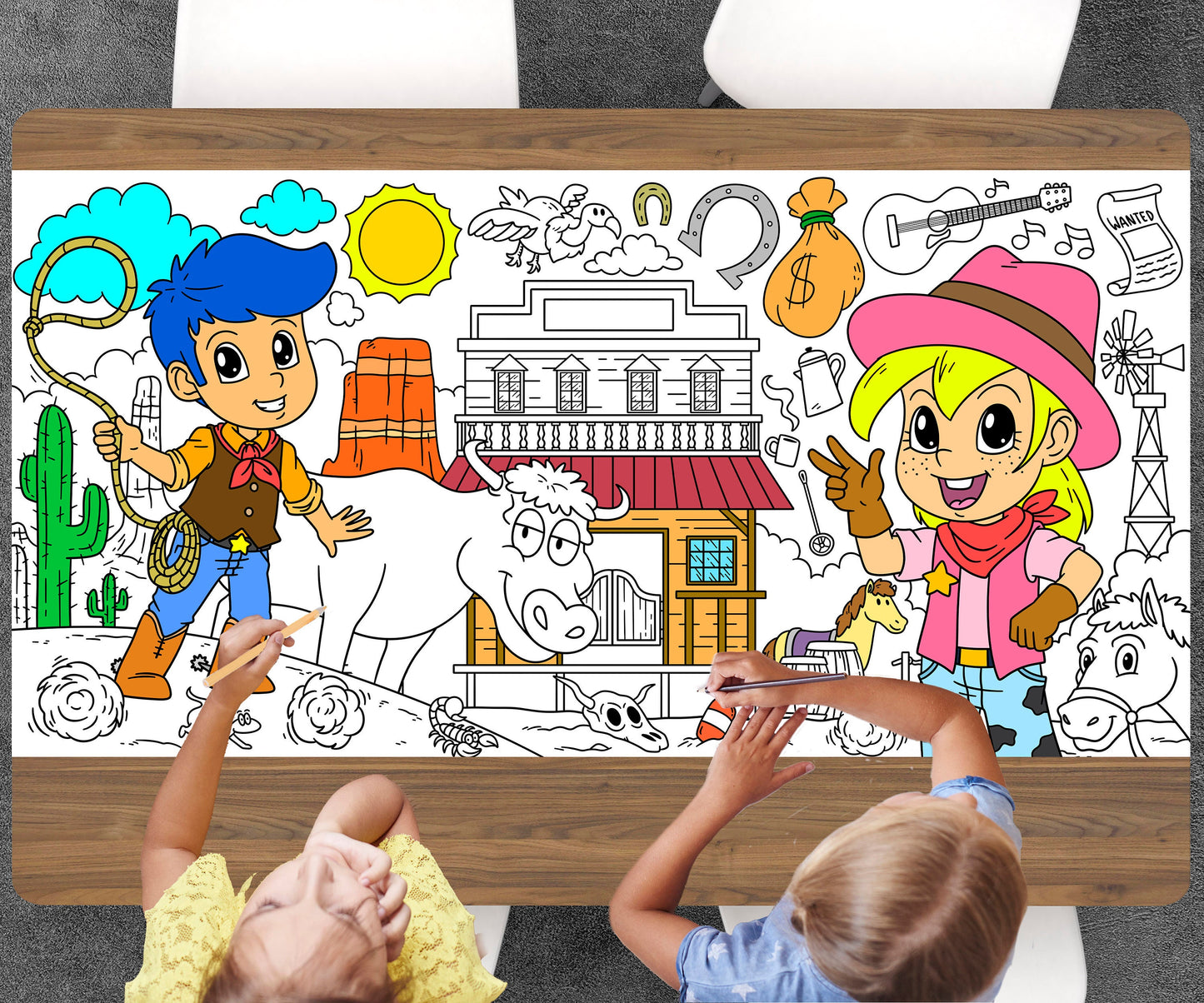 Wild West Theme Coloring Sheet, Jumbo Coloring Book Page, Holiday Theme Giant Coloring Poster