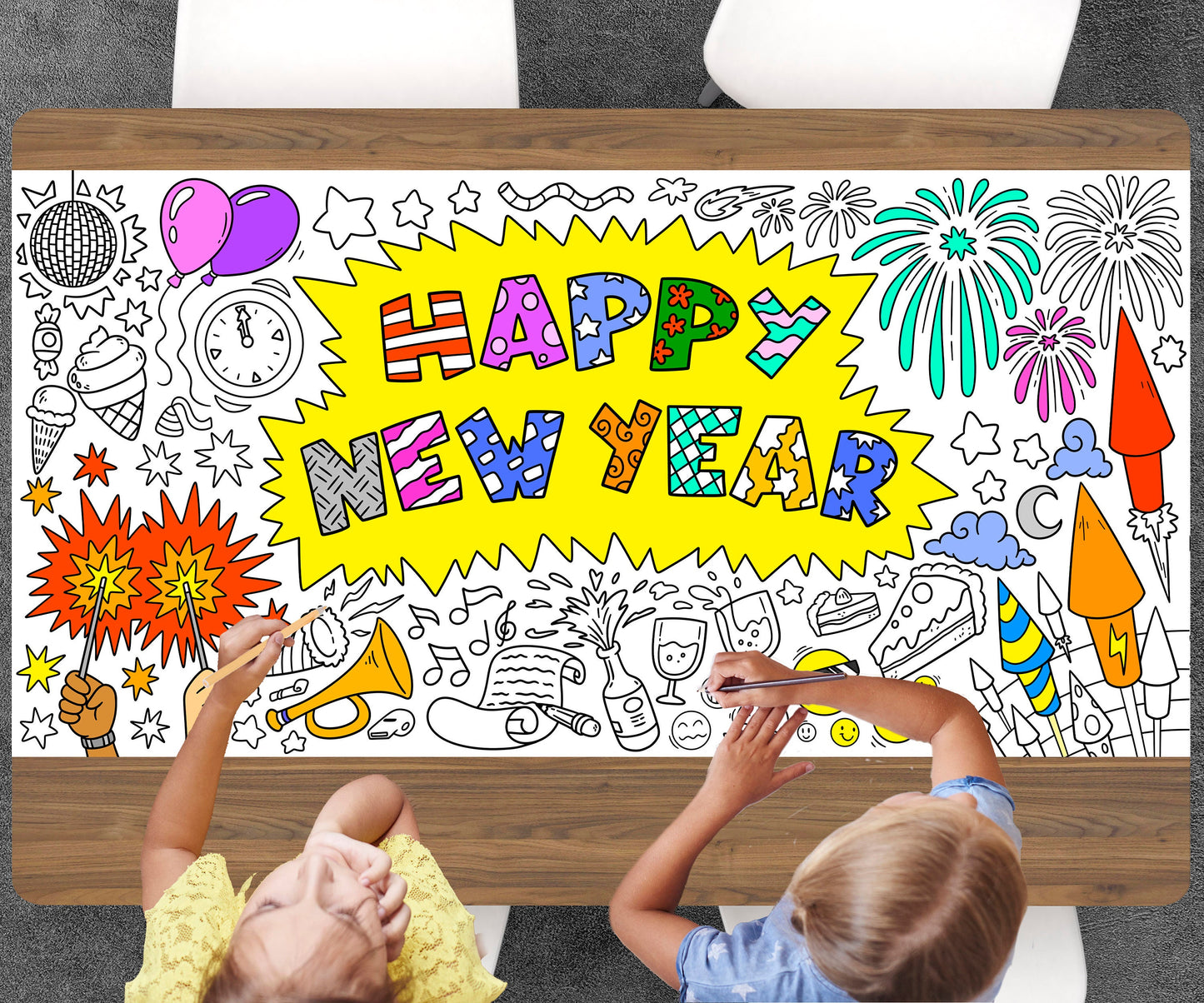 New Year Theme Coloring Sheet, Jumbo Coloring Book Page, Holiday Theme Giant Coloring Poster
