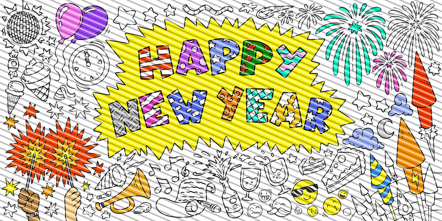 New Year Theme Coloring Sheet, Jumbo Coloring Book Page, Holiday Theme Giant Coloring Poster