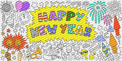 New Year Theme Coloring Sheet, Jumbo Coloring Book Page, Holiday Theme Giant Coloring Poster