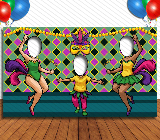 Mardi Gras Festival Theme Face Cutout, 42x72" Photo Stand-in, Party Selfie Photo Prop