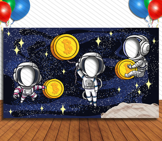 Bitcoin Astronauts Theme Face Cutout, 42x72" Photo Standee, Party Selfie Photo Prop