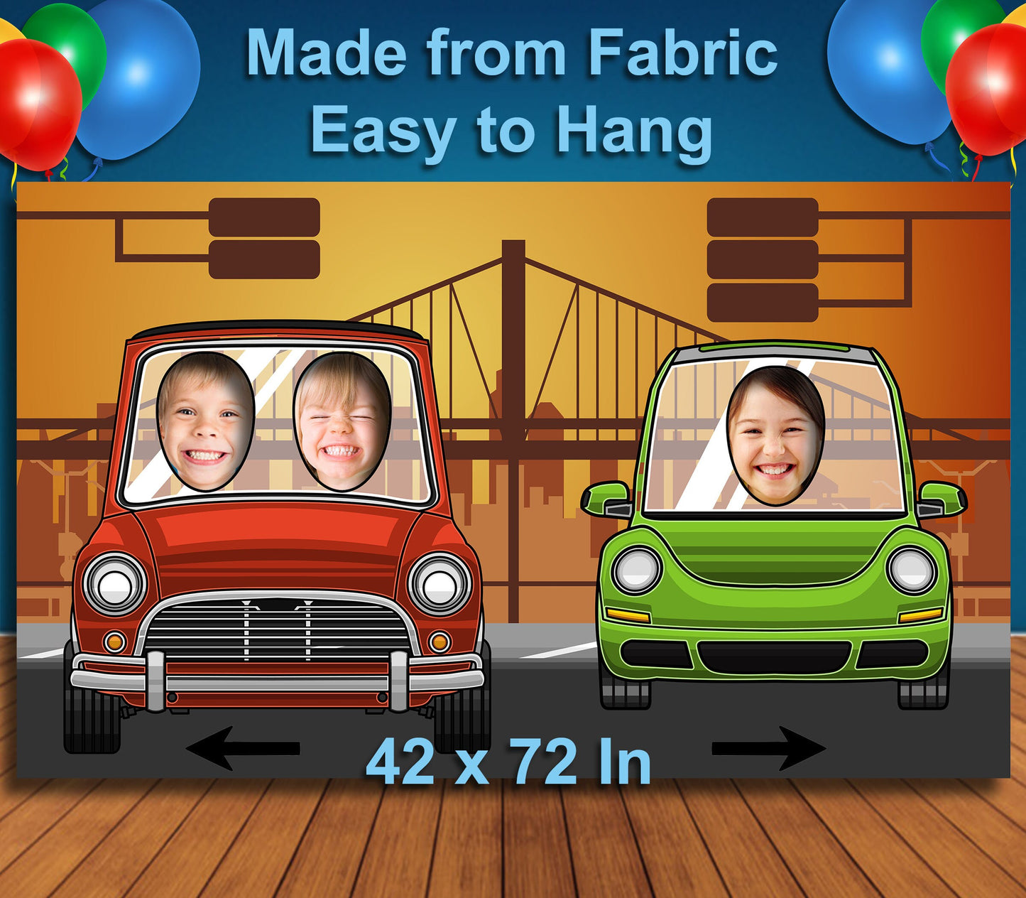 Cars on a Bridge Theme Face Cutout, 42x72" Photo Stand-in, Party Selfie Photo Prop