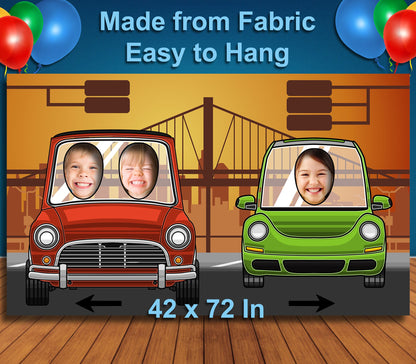 Cars on a Bridge Theme Face Cutout, 42x72" Photo Stand-in, Party Selfie Photo Prop