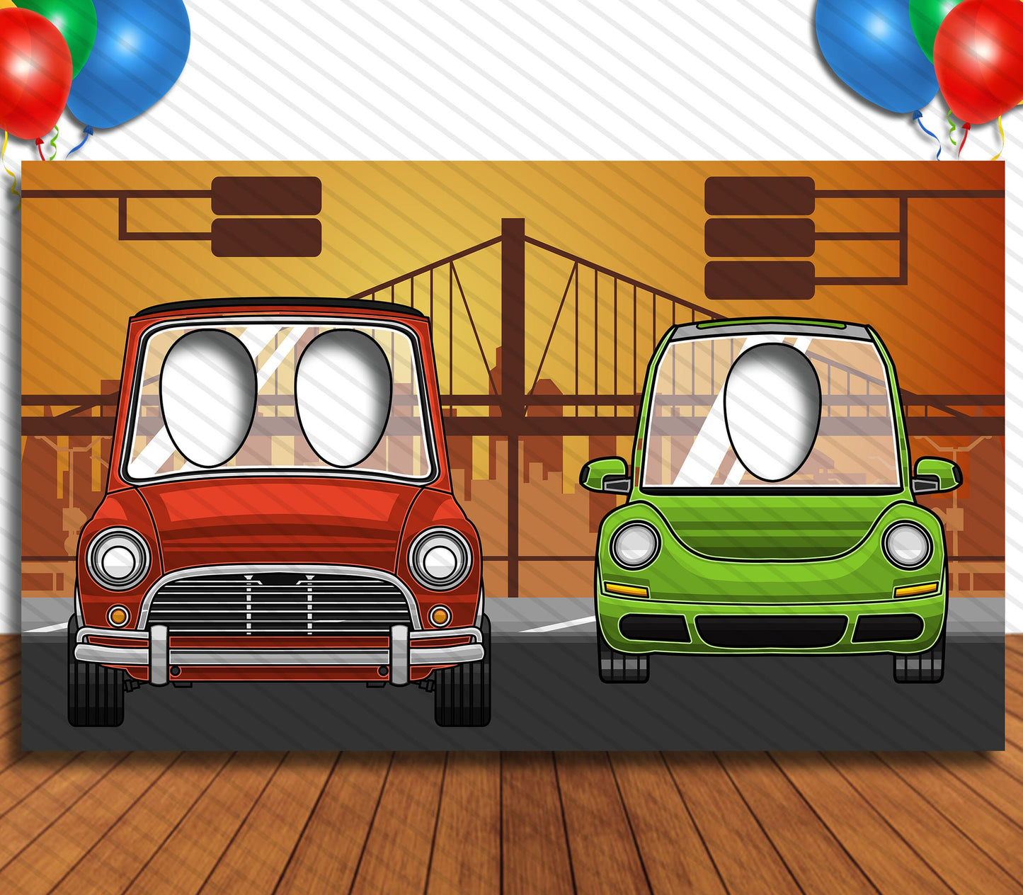 Cars on a Bridge Theme Face Cutout, 42x72" Photo Stand-in, Party Selfie Photo Prop