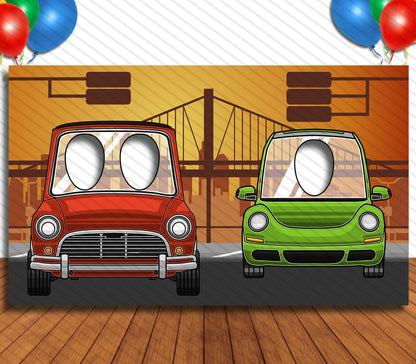 Cars on a Bridge Theme Face Cutout, 42x72" Photo Stand-in, Party Selfie Photo Prop