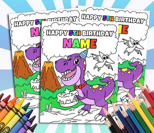 Dinosaur Happy Birthday Coloring pages, Custom, Fun Party Supplies, Personalized Party Décor