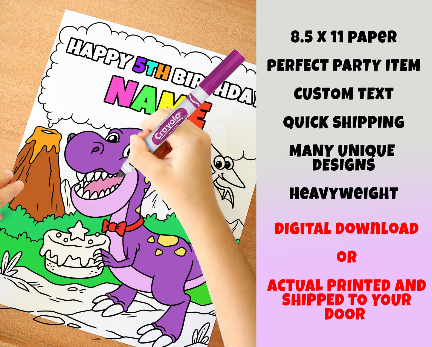 Dinosaur Happy Birthday Coloring pages, Custom, Fun Party Supplies, Personalized Party Décor