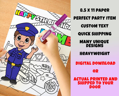 Police Happy Birthday Coloring pages, Custom, Personalized Party Décor