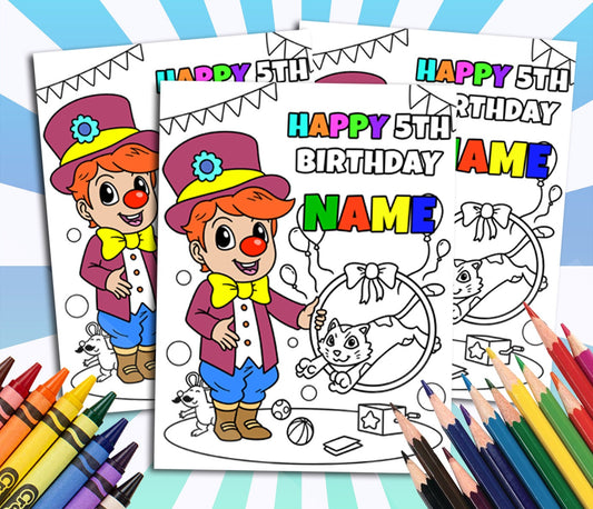 Circus Happy Birthday Coloring pages, Custom, Fun Party Supplies, Personalized Party Décor