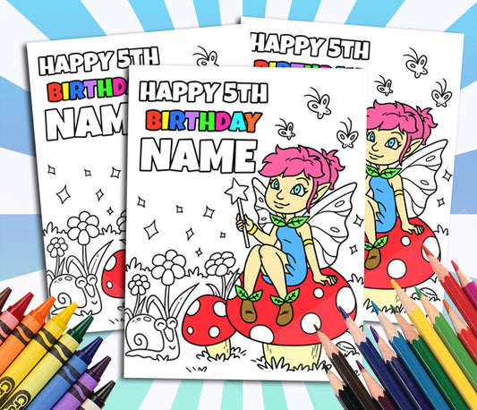 Fairy Happy Birthday Coloring pages, Custom, Fairy Theme Party, Personalized Party Supplies Décor