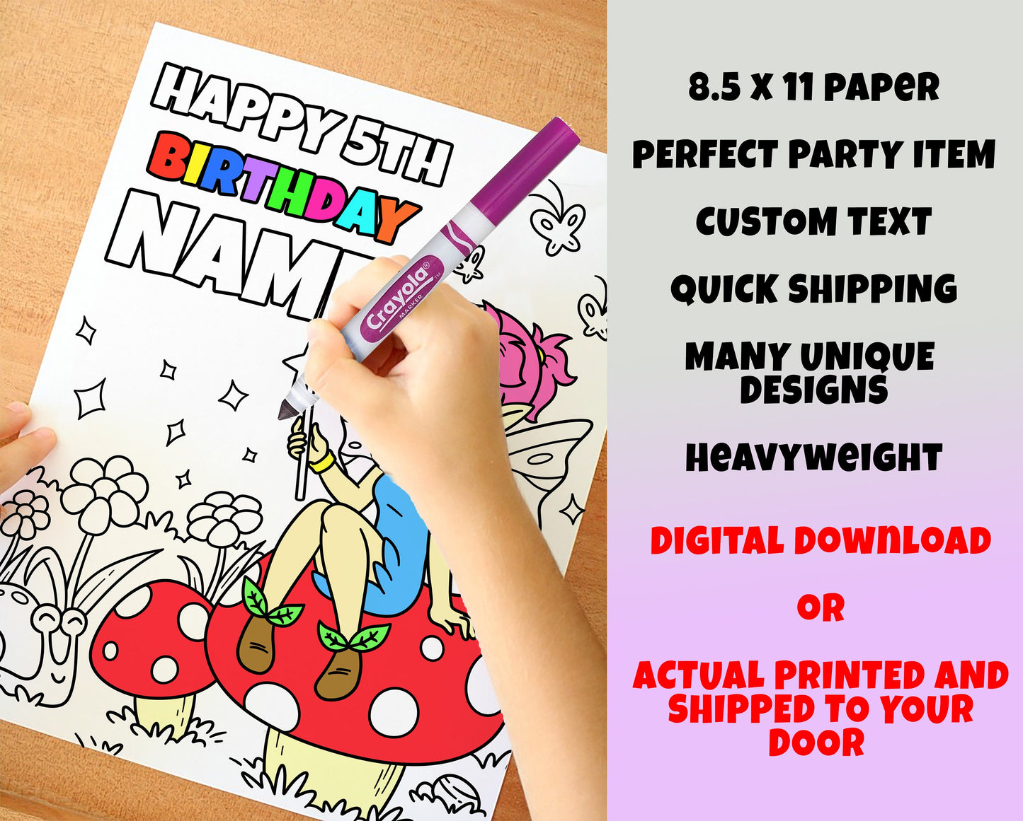 Fairy Happy Birthday Coloring pages, Custom, Fairy Theme Party, Personalized Party Supplies Décor