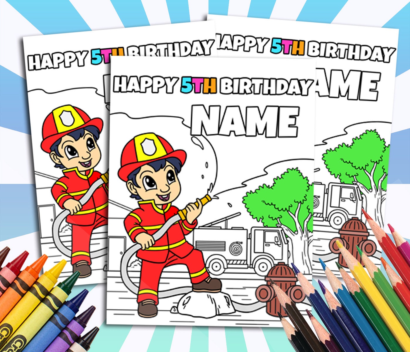 Fireman Happy Birthday Coloring pages, Custom, Firefighter Themed Party, Personalized Party Supplies Décor