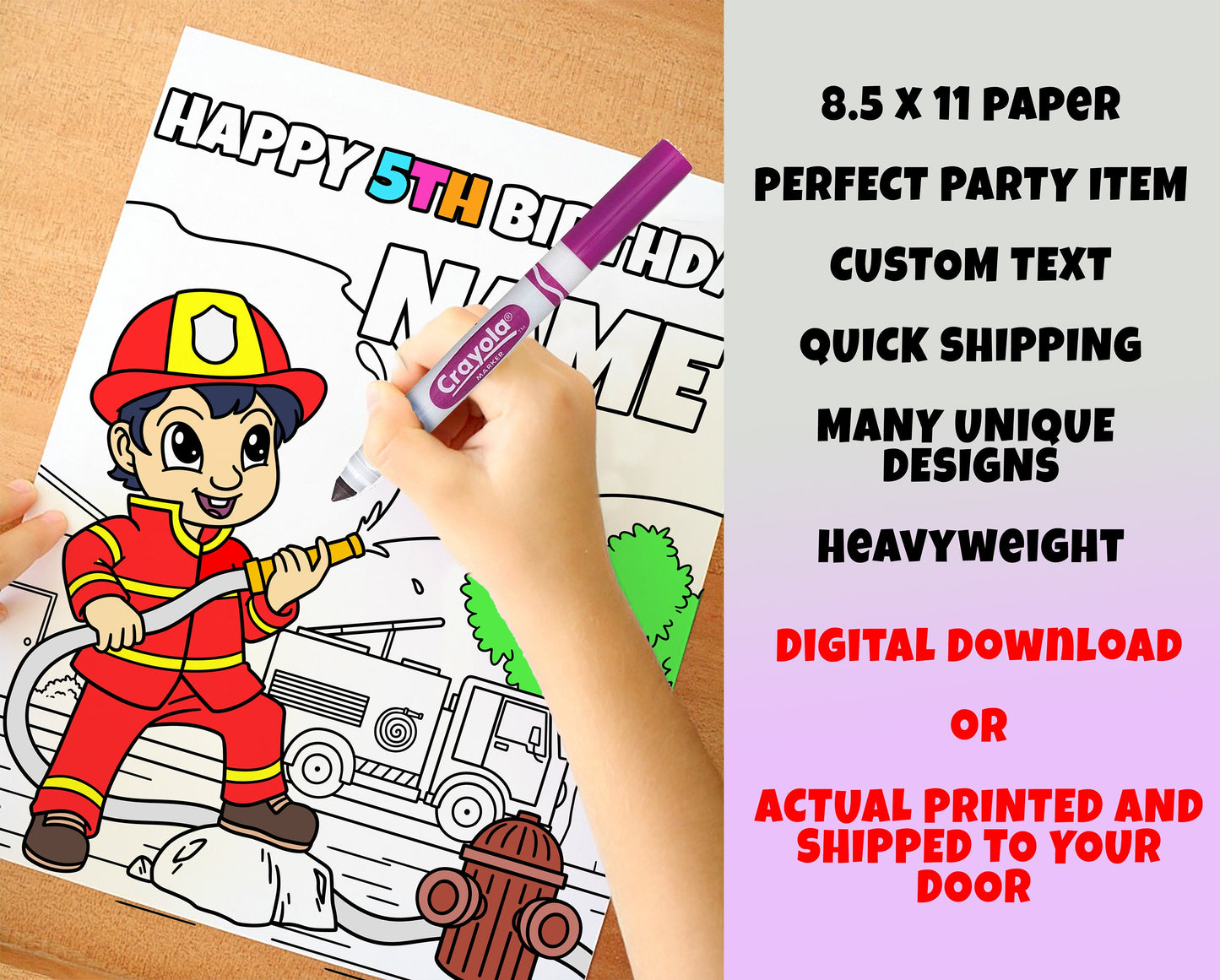 Fireman Happy Birthday Coloring pages, Custom, Firefighter Themed Party, Personalized Party Supplies Décor