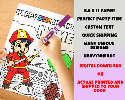 Fireman Happy Birthday Coloring pages, Custom, Firefighter Themed Party, Personalized Party Supplies Décor